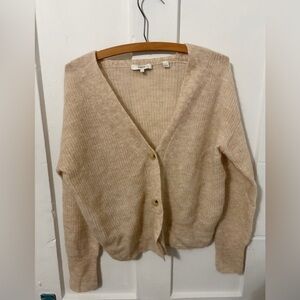 Vince ribbed-knit mohair-blend cardigan in a beige or fawn color.